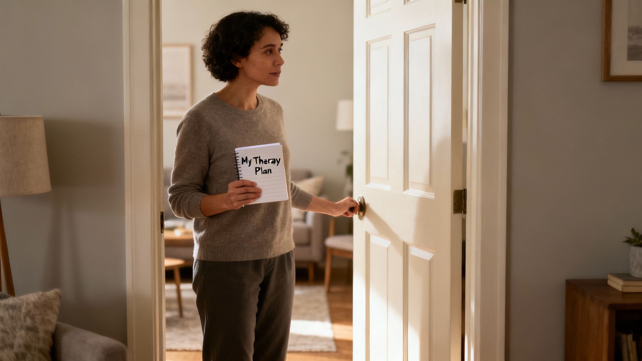 A person sitting on a comfortable chair, looking thoughtfully out a window, representing the start of their therapeutic journey.