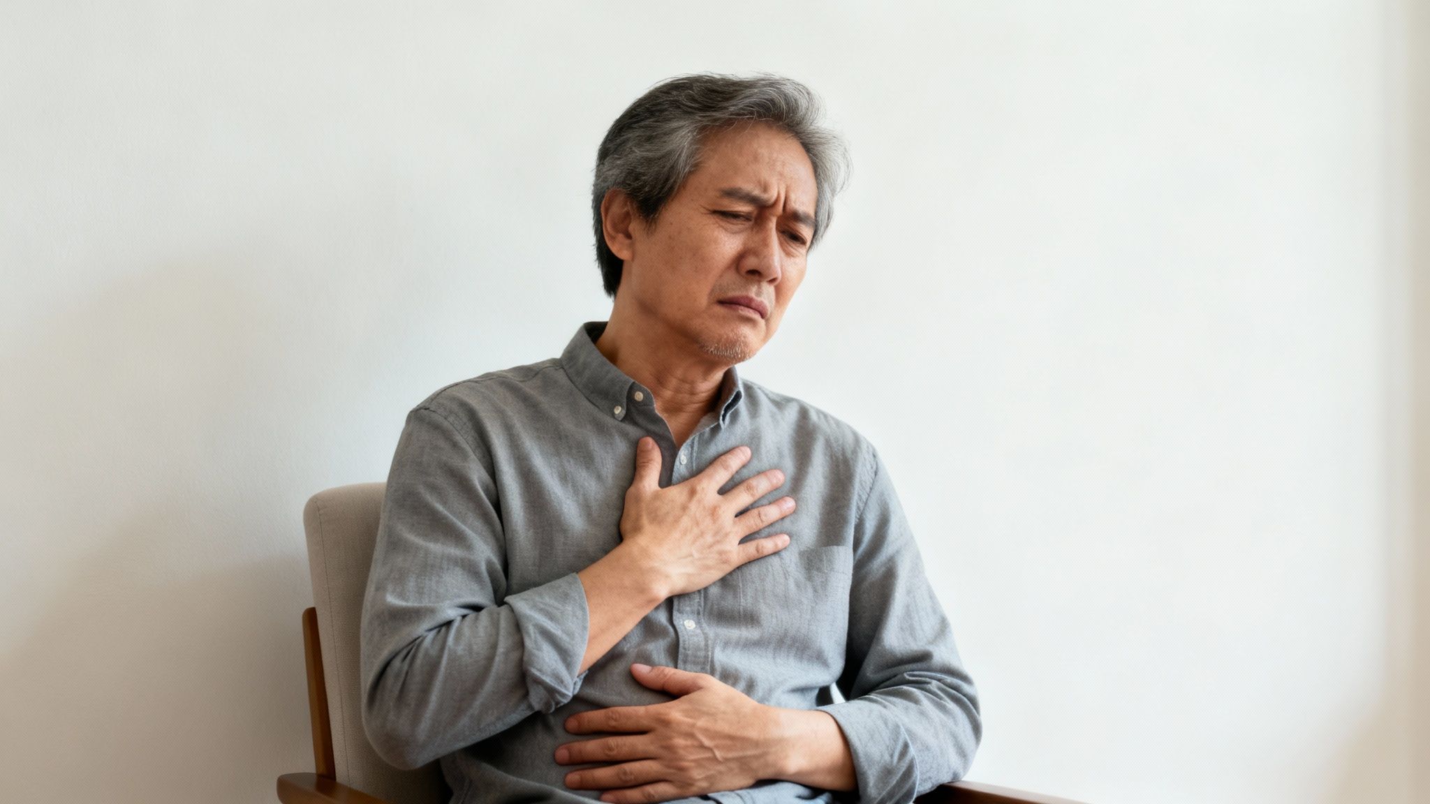 Elderly Asian man clutches his chest and stomach, looking distressed from physical pain.