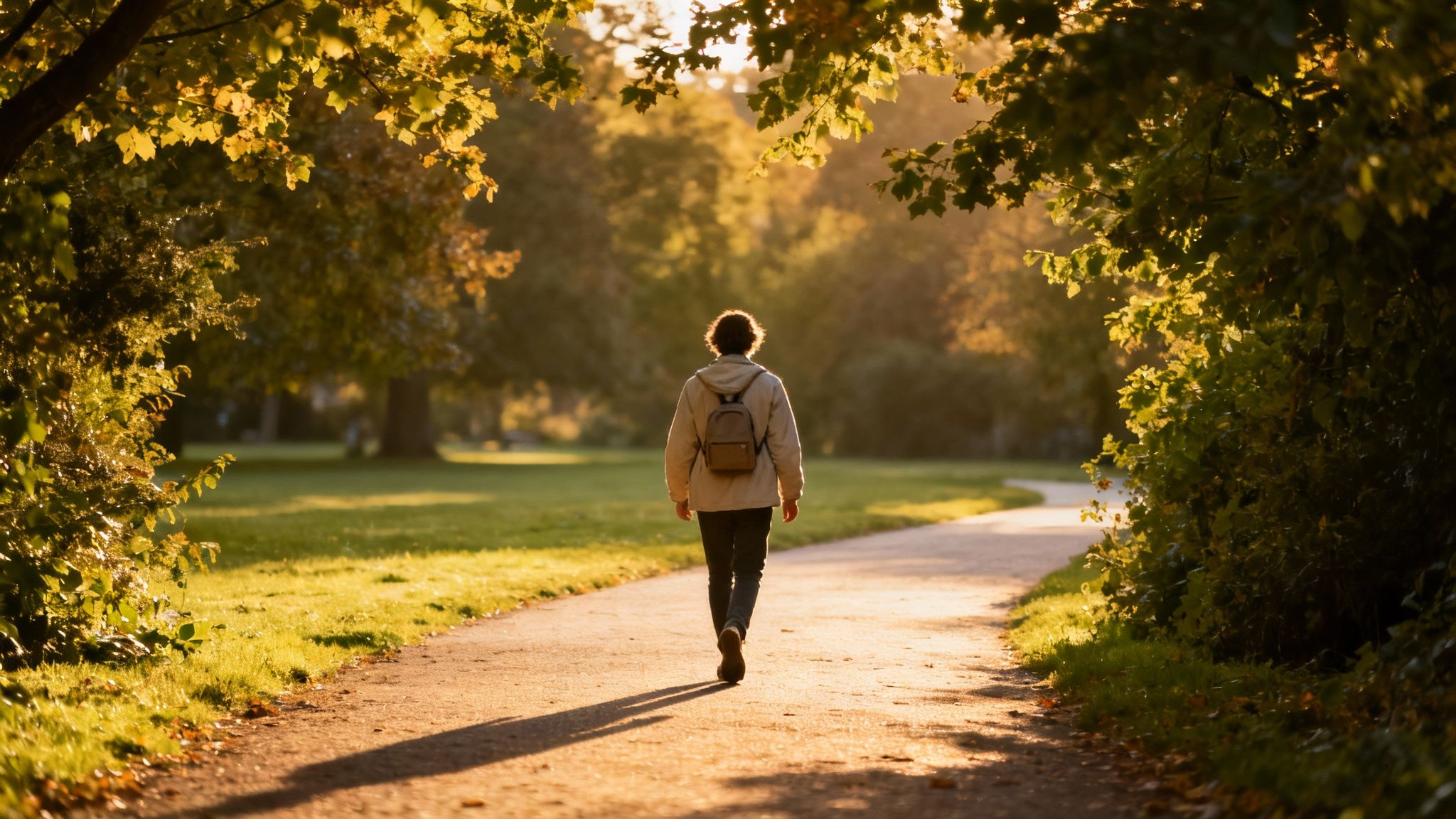 A person walks down a sunlit park path, surrounded by golden autumn trees.