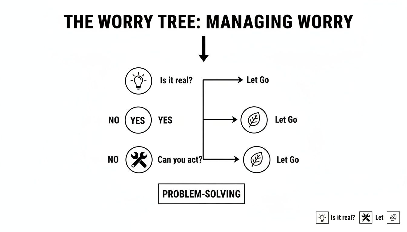 Flowchart for managing worry, asking if a worry is real and if action can be taken.