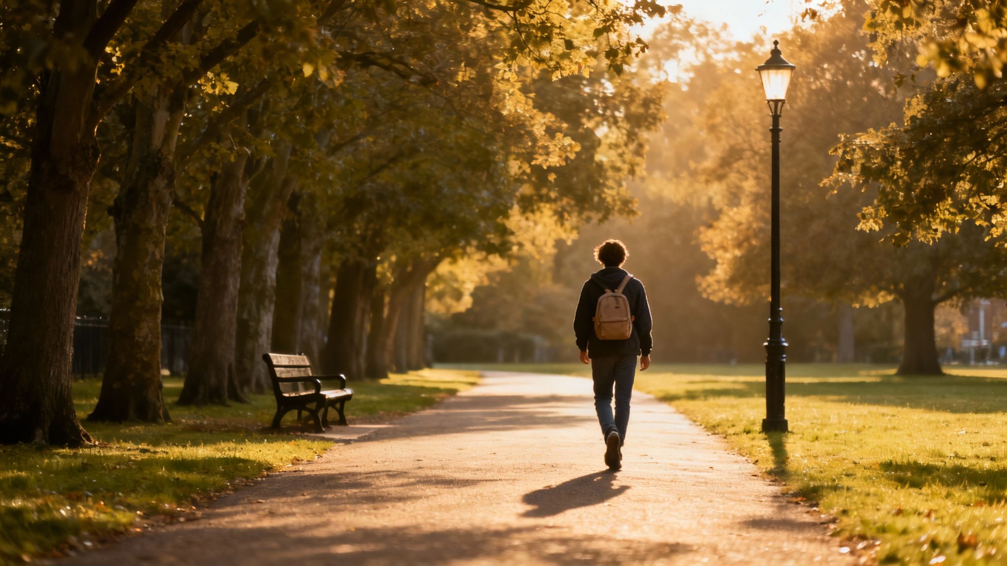 A person walks down a sunlit park path lined with trees and a lamppost during golden hour.