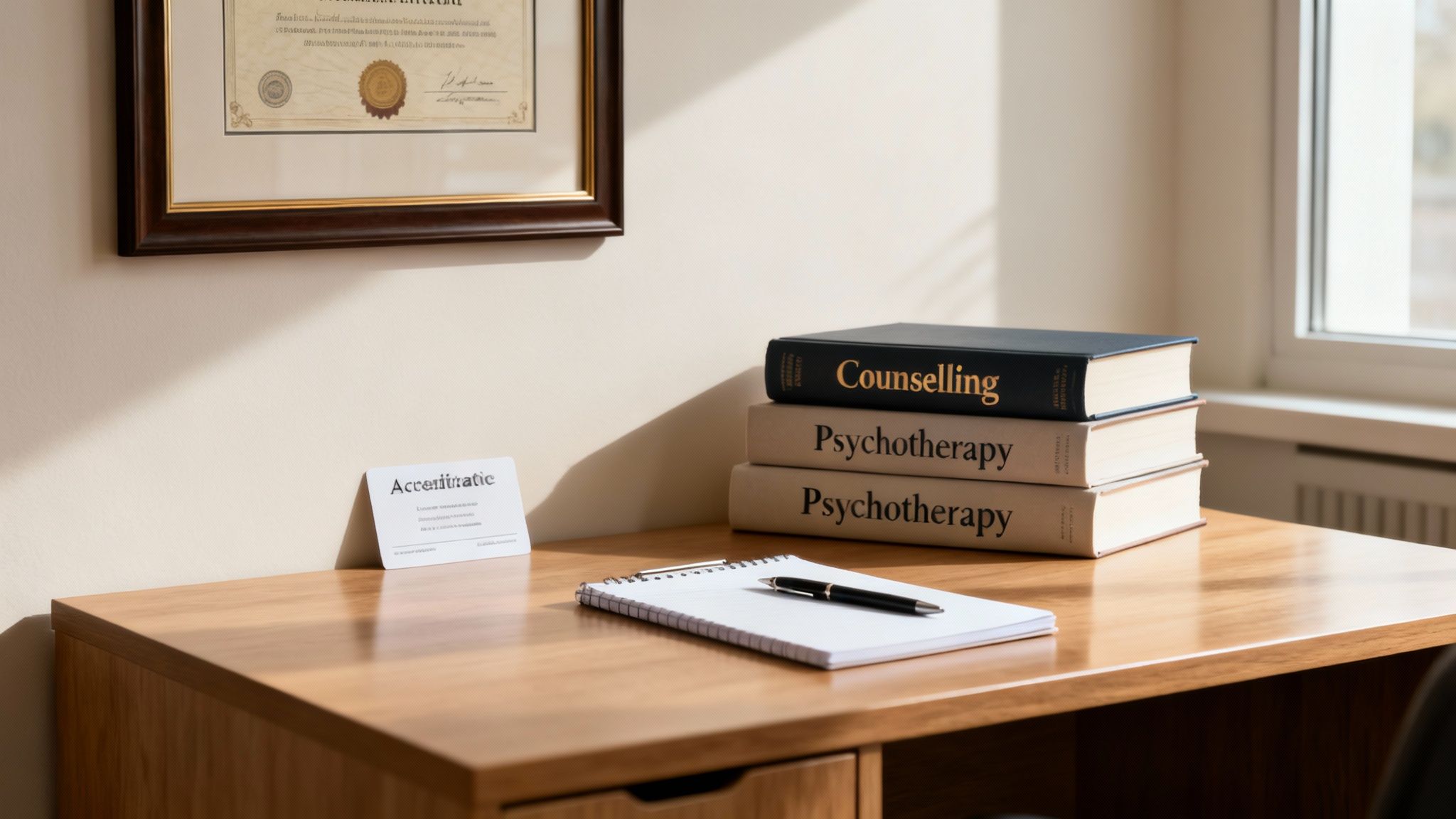 A professional desk setup with counseling and psychotherapy books, a notebook, and a framed certificate.