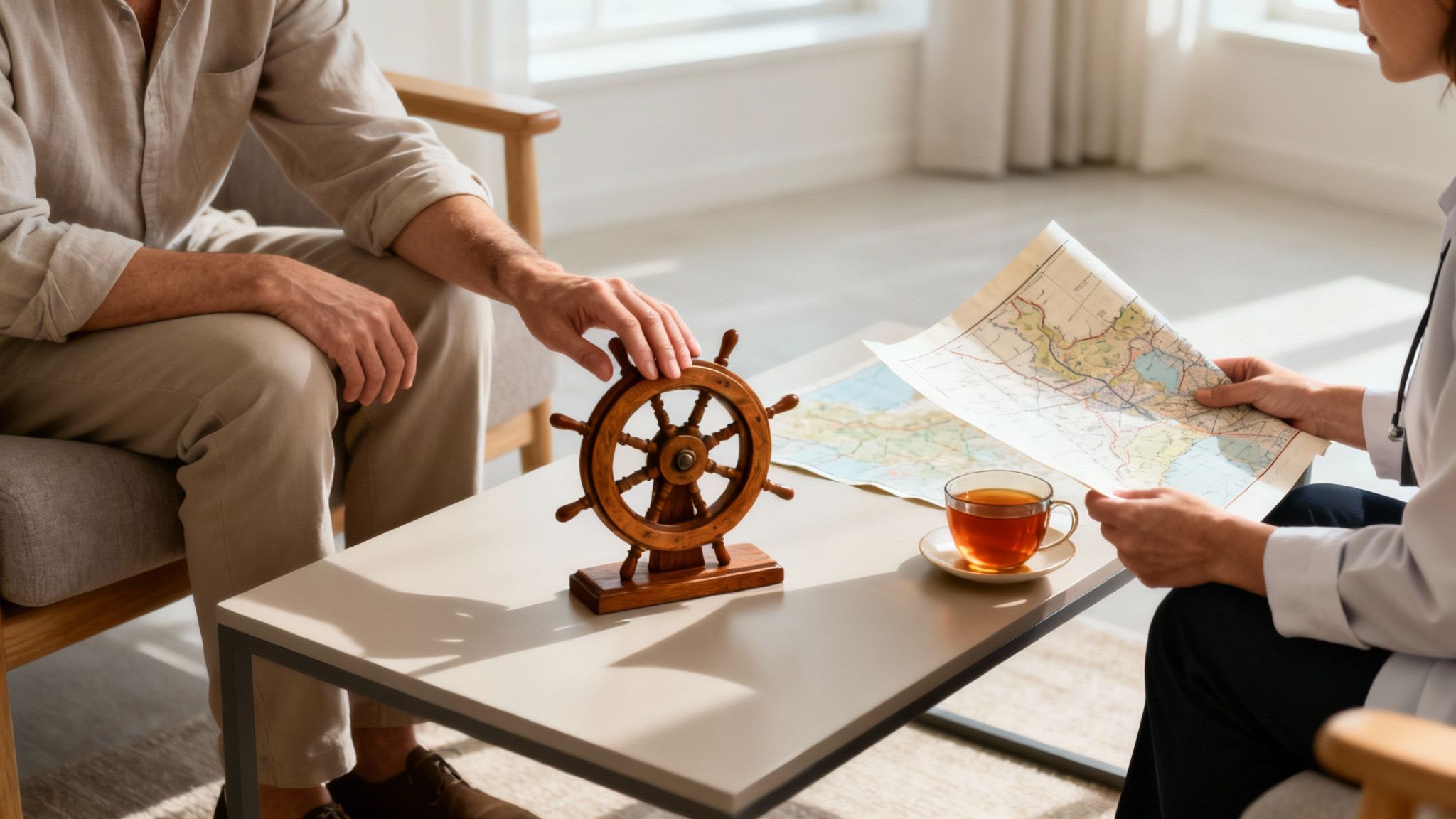 A man touches a ship's wheel on a table while a woman holds a map, signifying a journey or guidance.