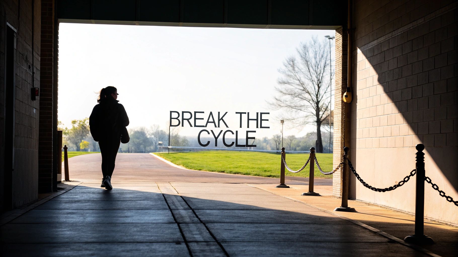 A person walking anxiously through an underpass, with words: Break the Anxiety Cylce