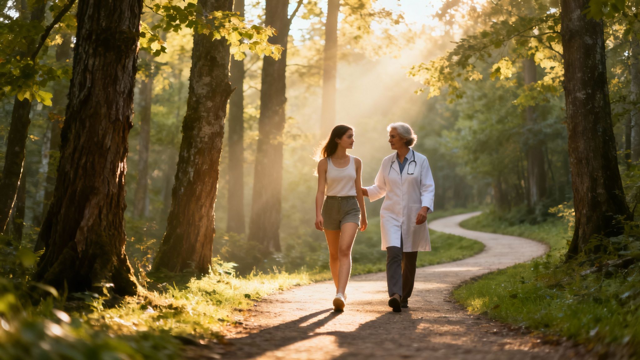 Walking through the woods on a bright day