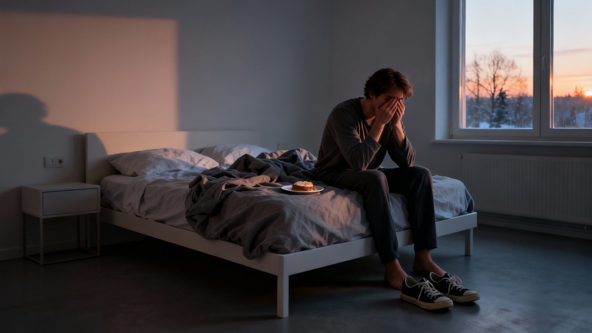 A man sits on his bed, face in hands, looking sad, with a small plate of food nearby and sunrise through the window.