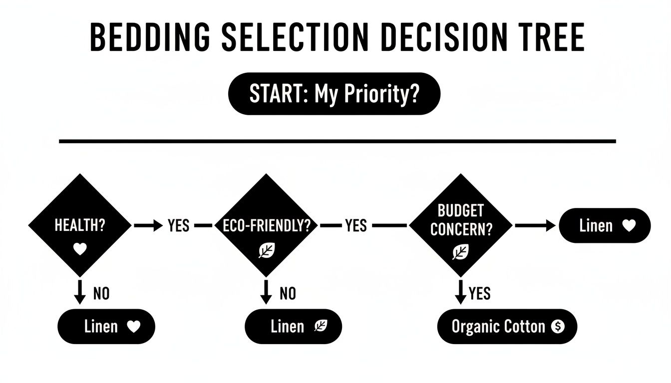 Bedding selection decision tree flowchart for choosing between linen and organic cotton based on priorities.