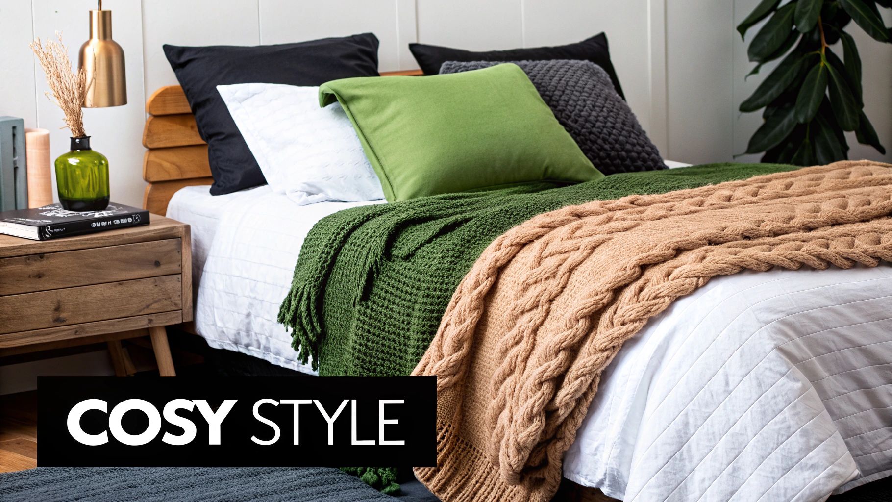 A comfortable bed adorned with green, black, and white pillows, and warm knitted blankets.