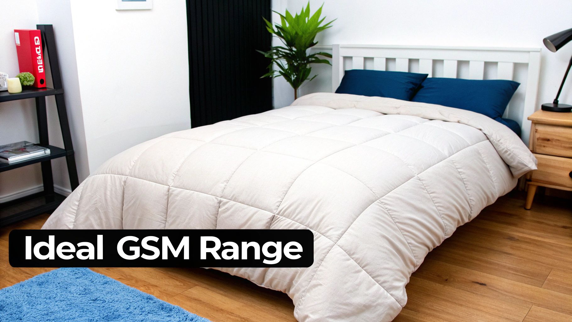 A cozy bedroom with a neatly made bed featuring a light duvet, blue pillows, and a white headboard.