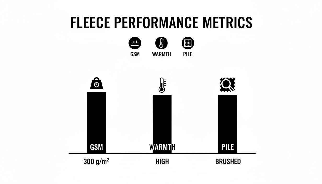 Bar chart displaying fleece performance metrics: 300 g/m² GSM, high warmth, and brushed pile.
