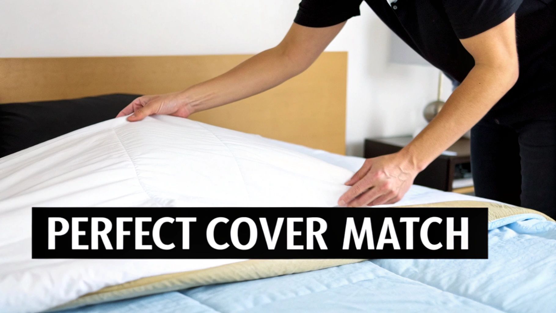 A person's hands smoothing a white duvet over a bed with a light blue comforter, with a wooden headboard.
