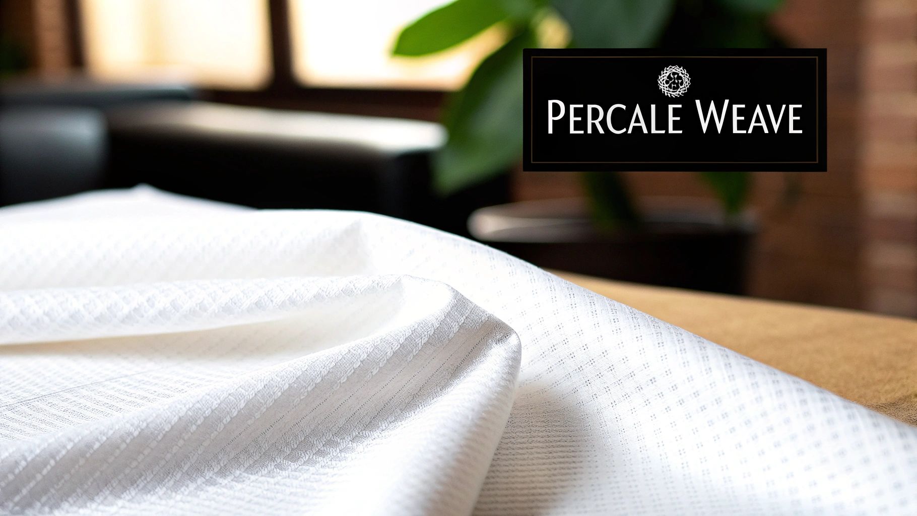 Close-up shot of a textured, breathable fabric like percale or linen, showing the weave pattern.