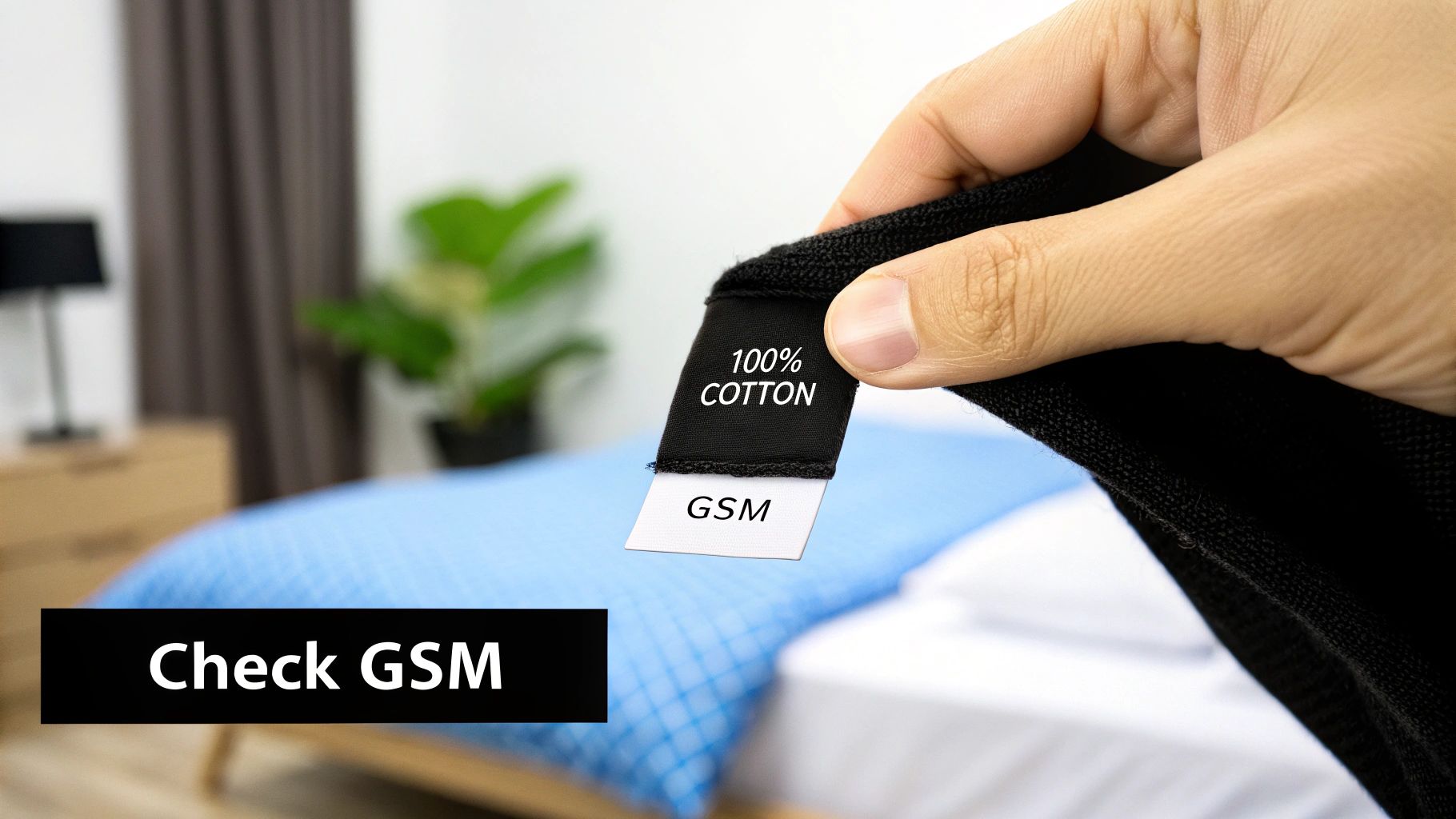 A hand holds a black fabric label reading "100% COTTON" and "GSM" in a bedroom setting.
