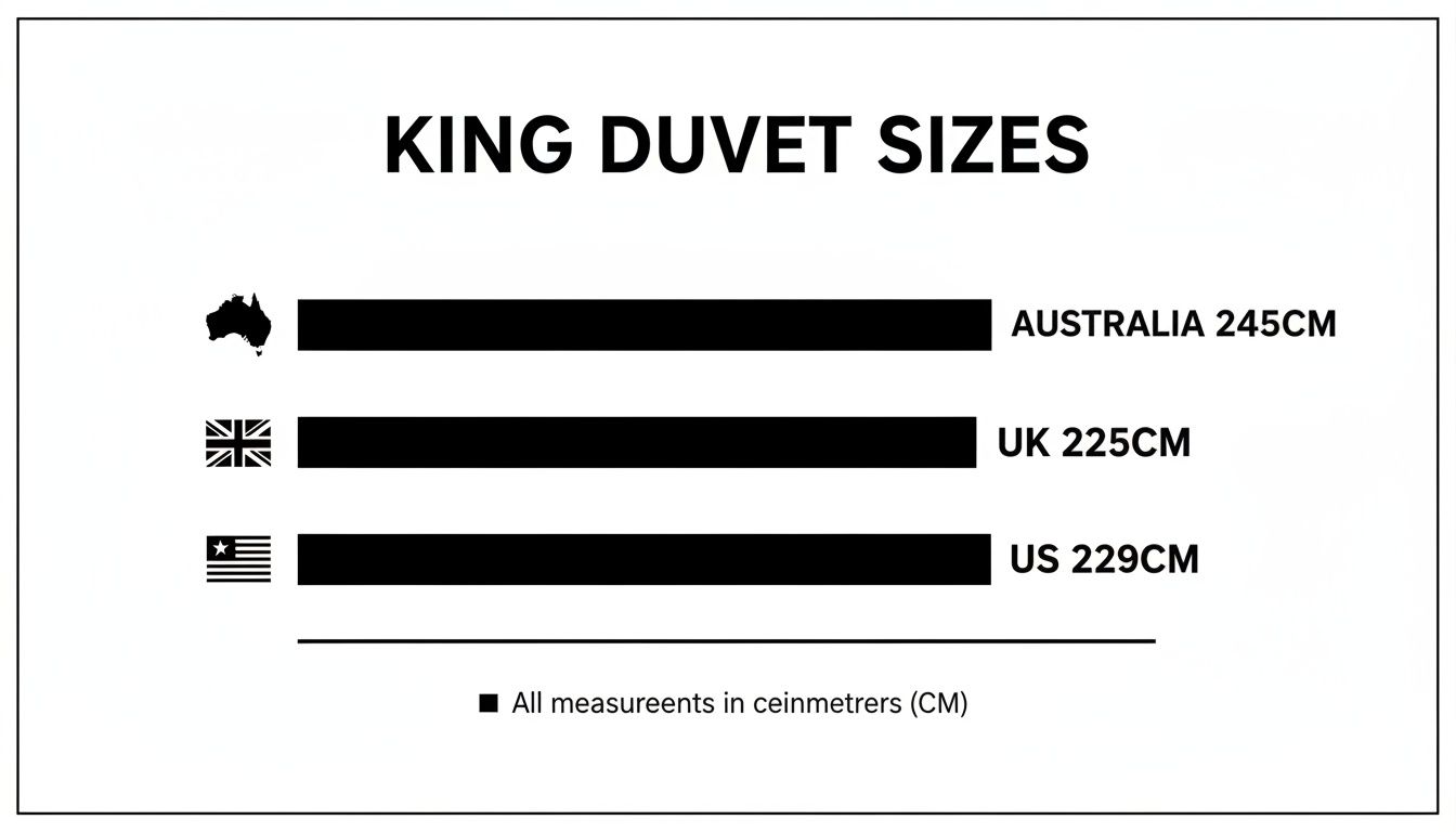 Chart showing King duvet sizes in centimeters for Australia, UK, and US.