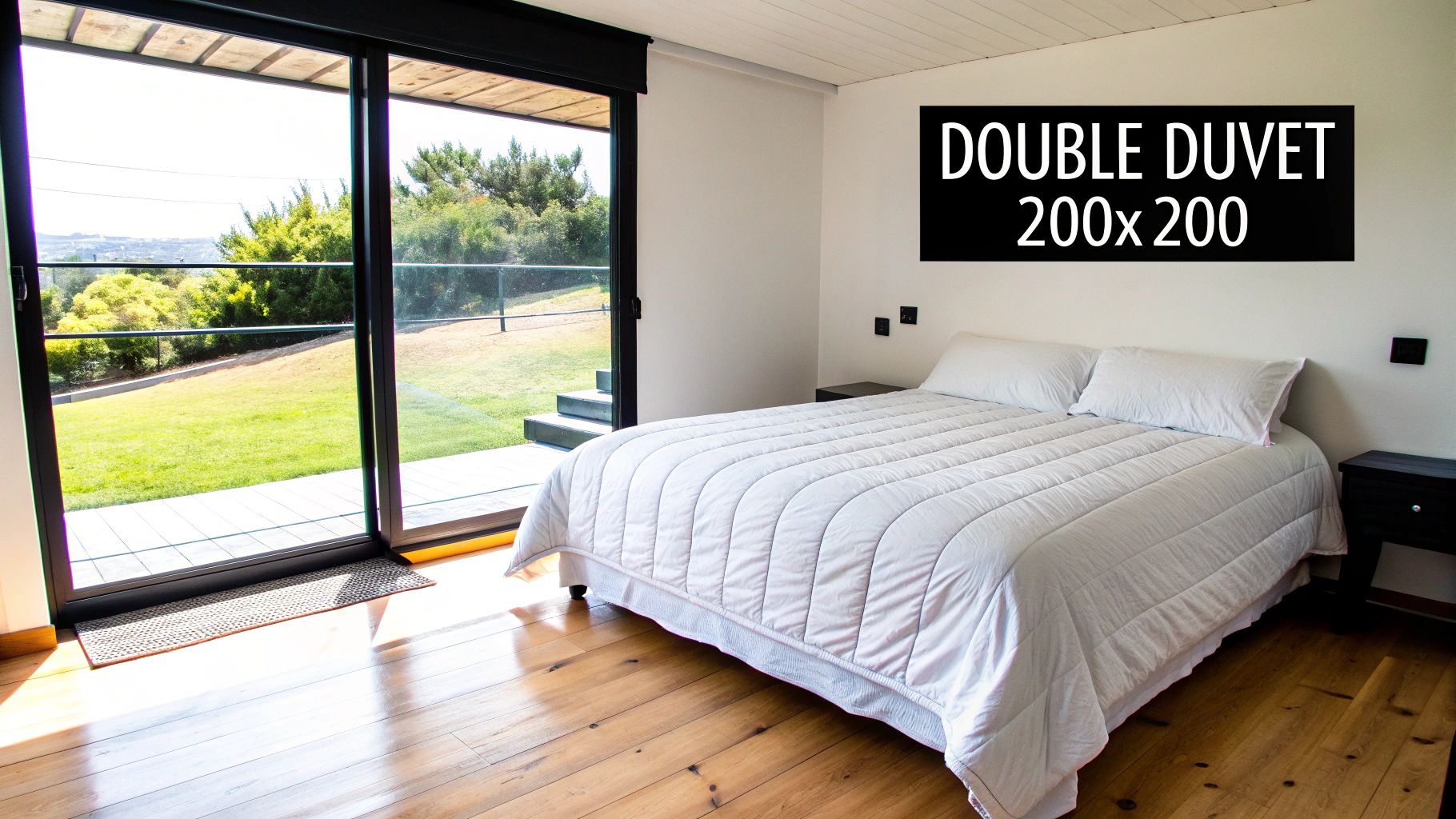 A modern bedroom featuring a double bed with a white duvet and pillows, alongside a large glass door opening to a vibrant green garden.