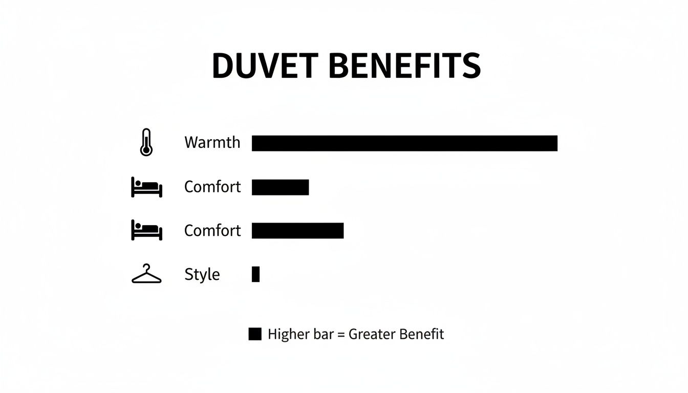 Bar chart illustrating duvet benefits, showing warmth as the greatest benefit, followed by comfort and style.