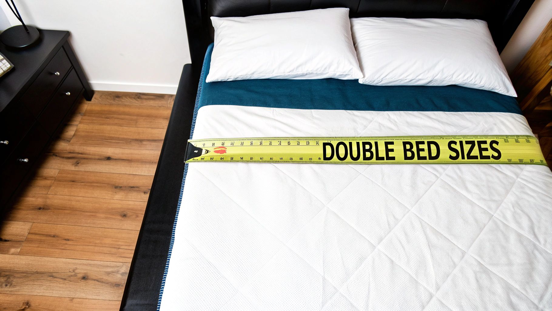 An overhead shot of a double bed with a measuring tape indicating 'DOUBLE BED SIZES' across it.
