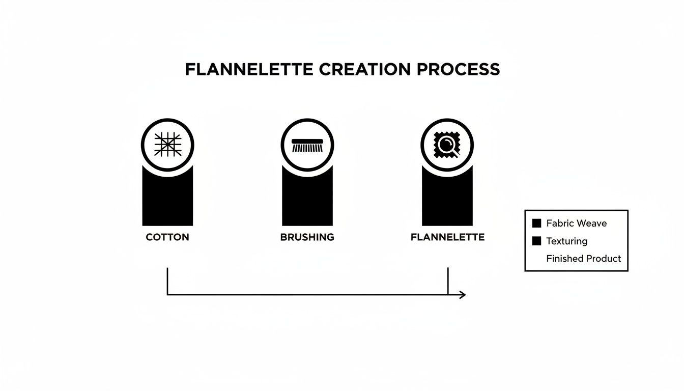 A clear diagram outlining the flannelette creation process, from raw cotton to brushing and the final fabric.