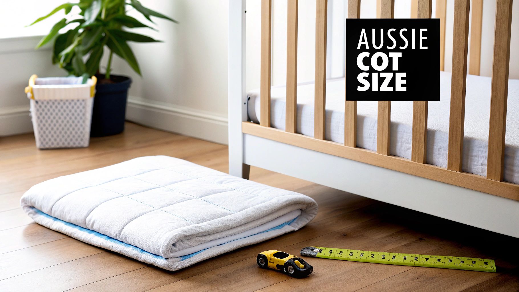 A white quilted blanket is folded on a wooden floor next to a white and wood cot. Text reads 'AUSSIE COT SIZE'.
