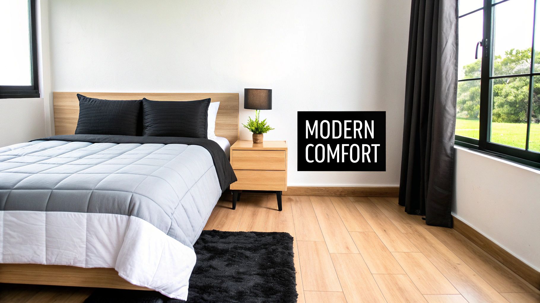 A modern bedroom with a bed, nightstand, lamp, and a large window, featuring black, grey, and white bedding.