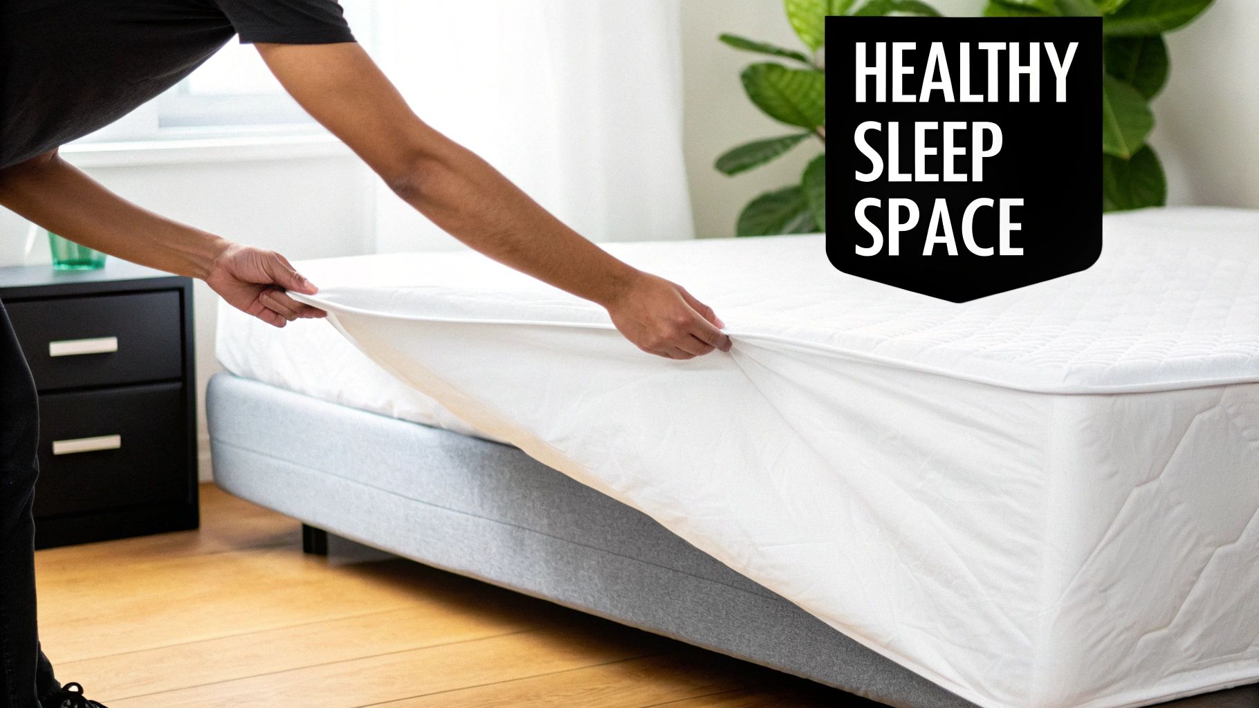 A person placing a clean, white mattress protector onto a bed.