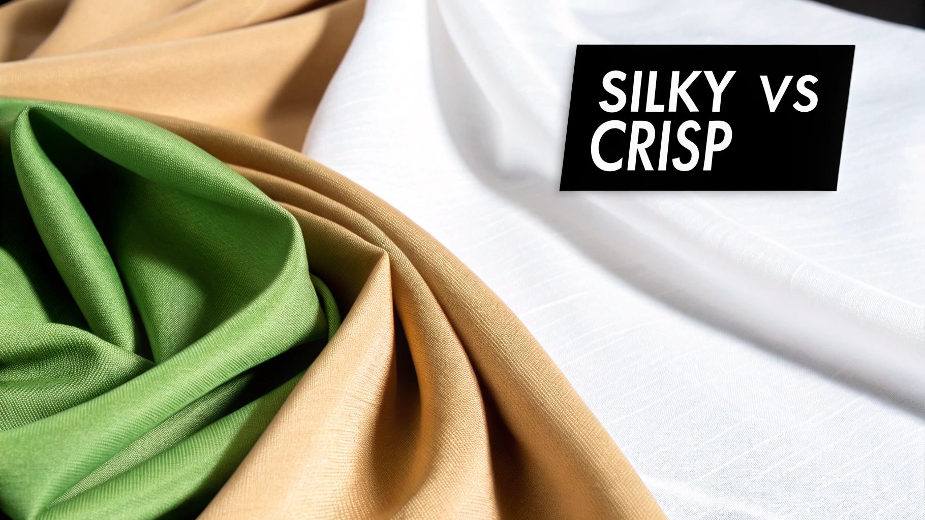 Silky green and beige fabric drapes compared to crisp white cotton sheet texture