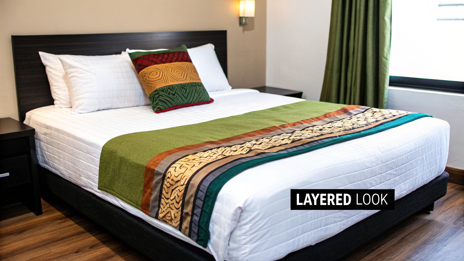 A neatly made bed with white bedding, a dark headboard, a green bed runner, and a colorful throw pillow.