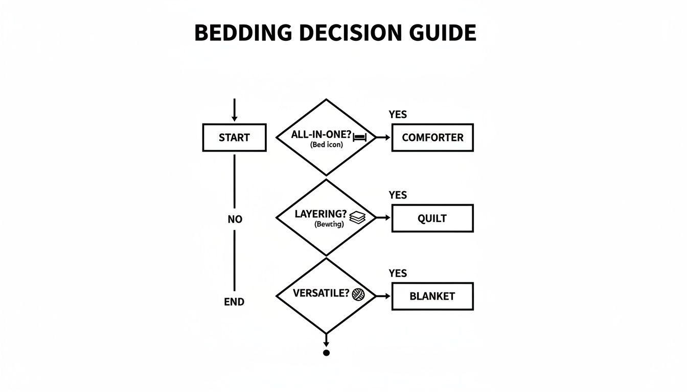 Flowchart guide for choosing bedding: comforter, quilt, or blanket, based on all-in-one, layering, and versatility.