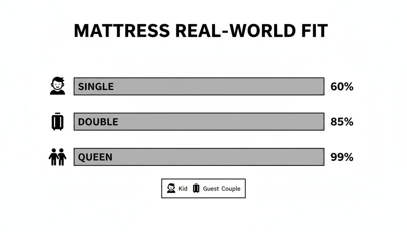 Bar chart illustrating mattress real-world fit: Single 60%, Double 85%, Queen 99%, with user icons.