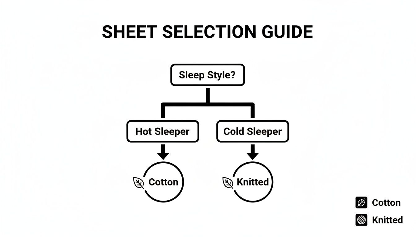 Flowchart guiding sheet selection: Hot sleepers choose cotton, cold sleepers prefer knitted fabric.