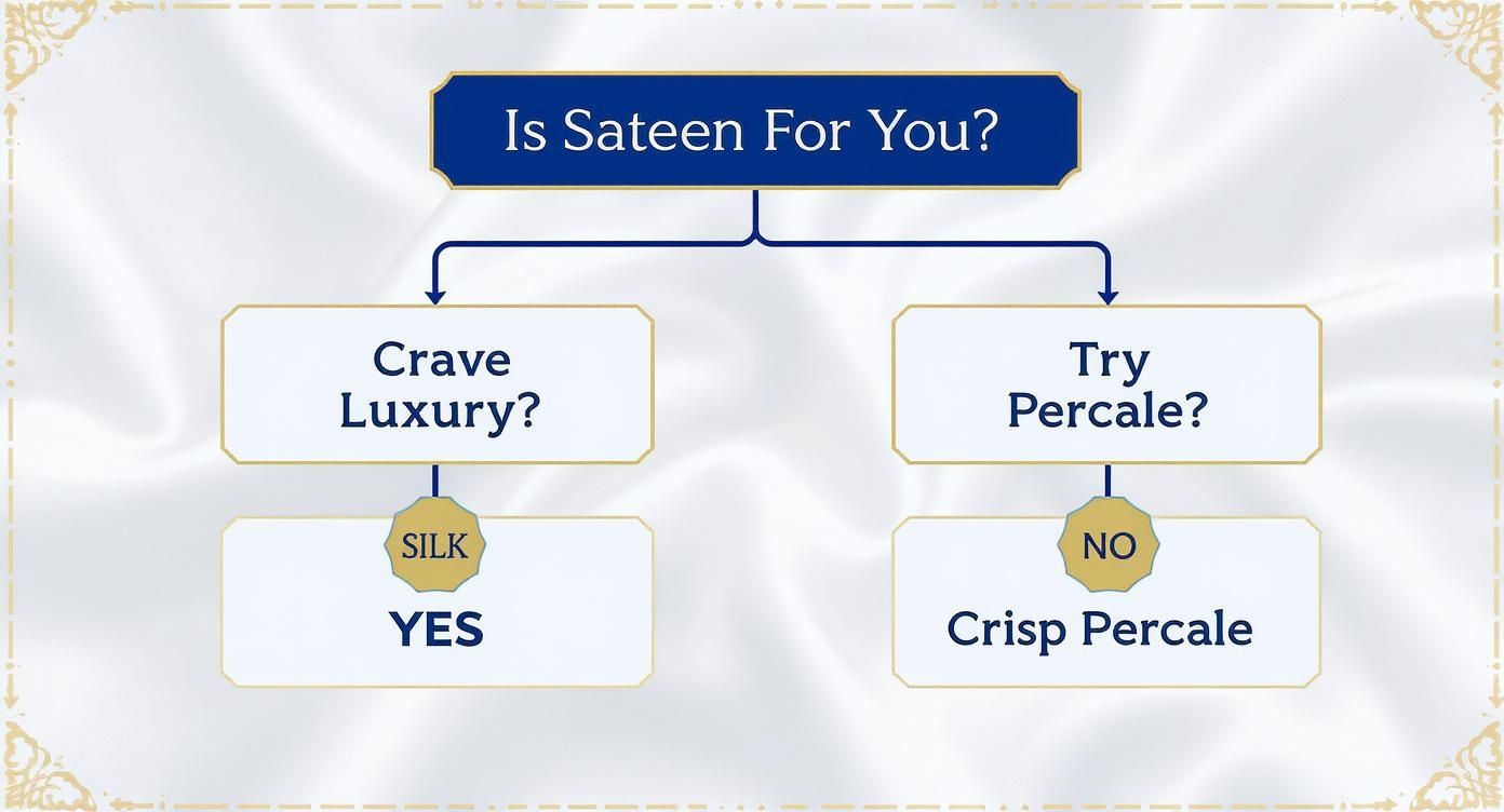 A flowchart guides users to choose between sateen, silk, and percale bedding based on preference.