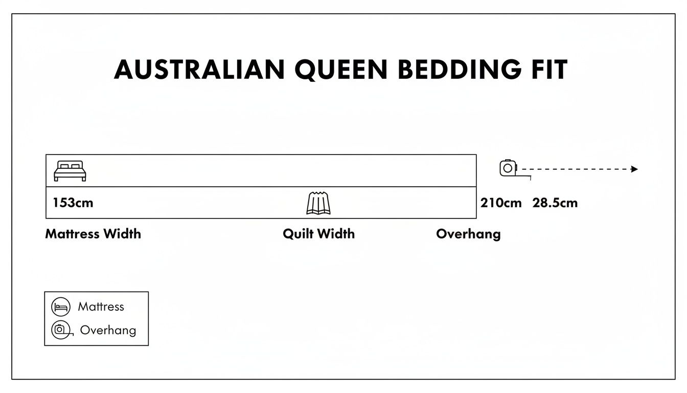 Diagram showing Australian Queen bedding fit, including mattress, quilt width, and overhang dimensions.