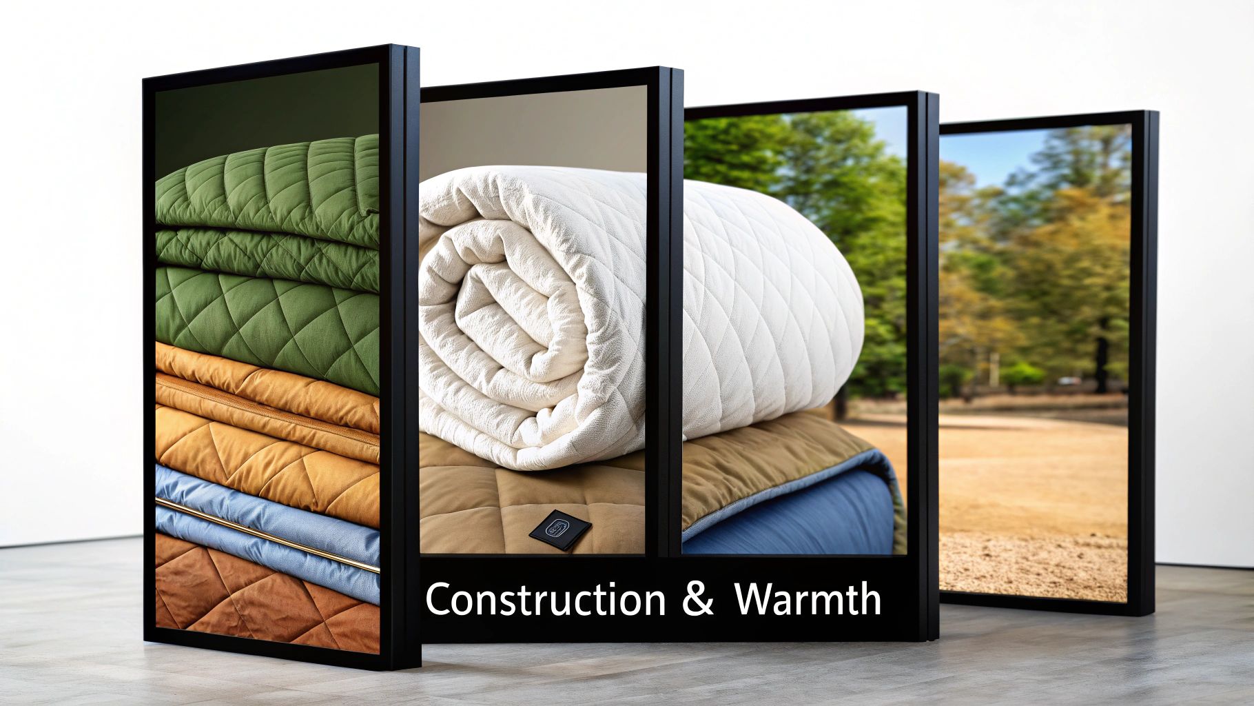 Multiple framed panels display colorful quilted blankets, a rolled white comforter, and an outdoor scene, highlighting warmth.