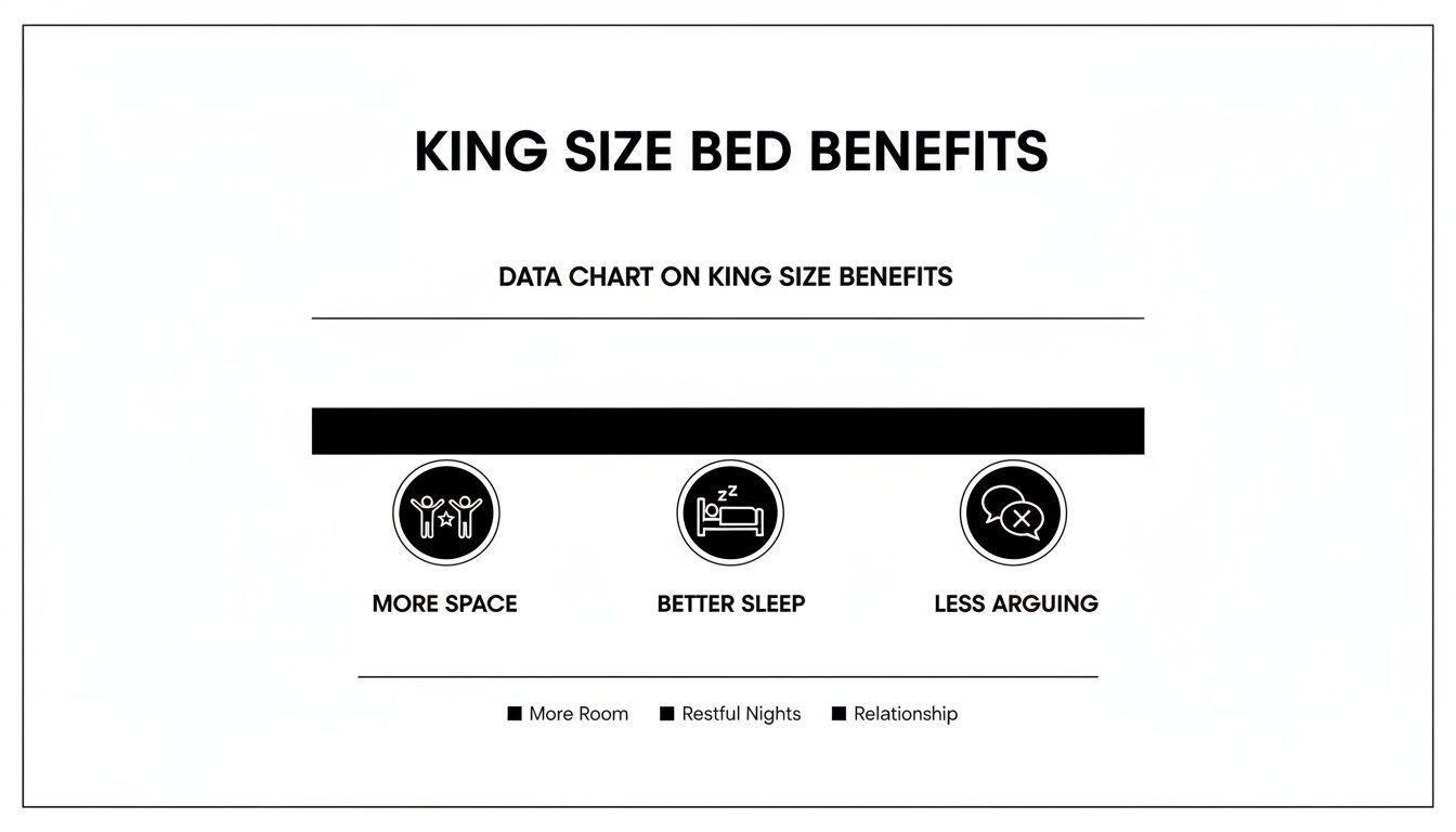 Infographic illustrating the benefits of a king-size bed, including more space, better sleep, and less arguing.