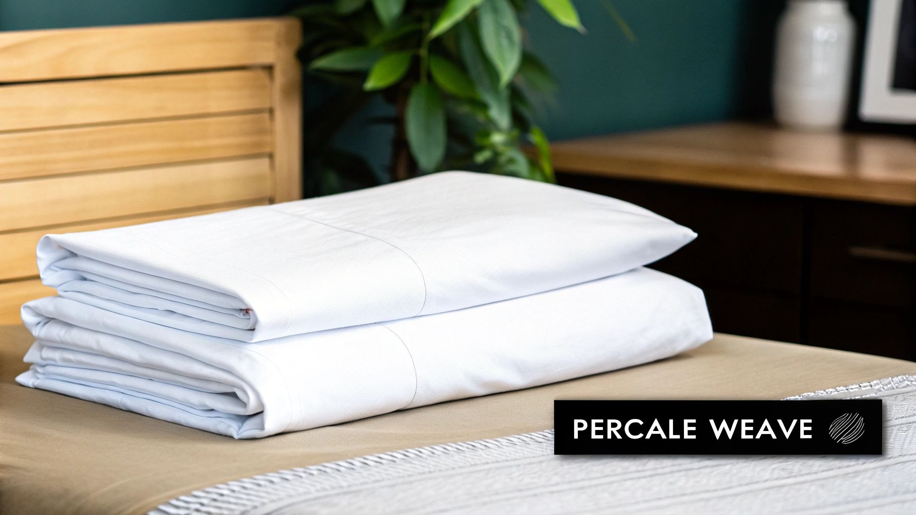 Two stacks of freshly folded white percale cotton sheets neatly placed on a bed.