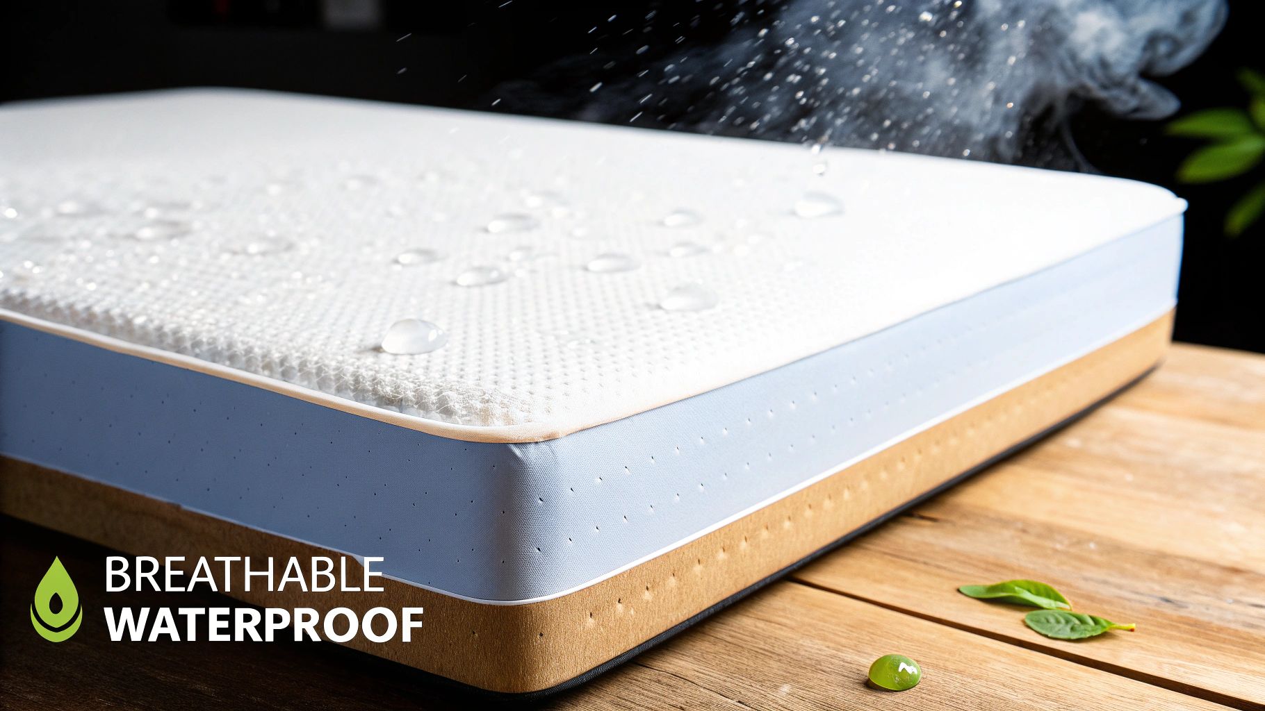 Close-up of a white waterproof and breathable mattress protector with water droplets and steam.
