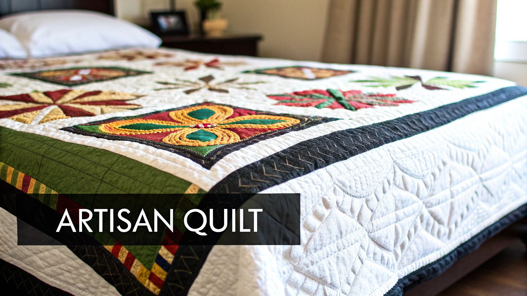 A beautifully patterned quilt draped over a bed