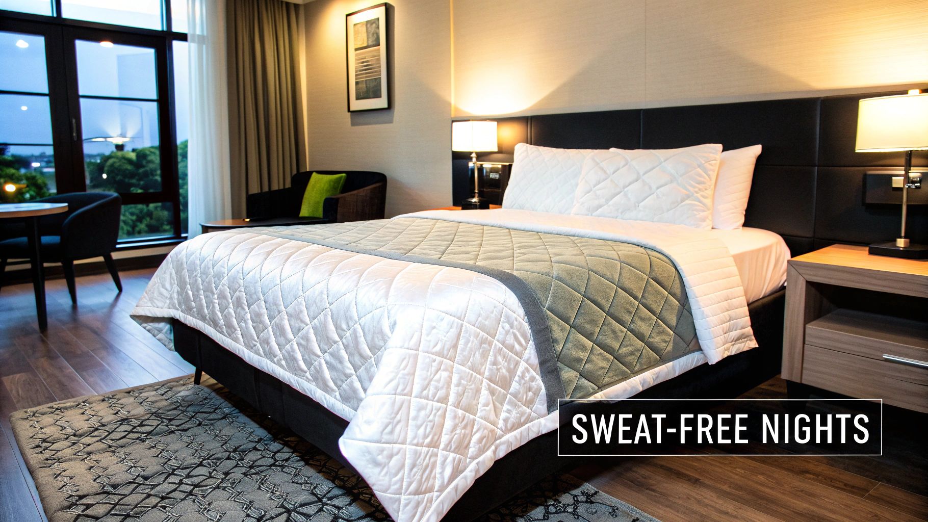 A neatly folded cooling quilt on a bed, showcasing its light texture.