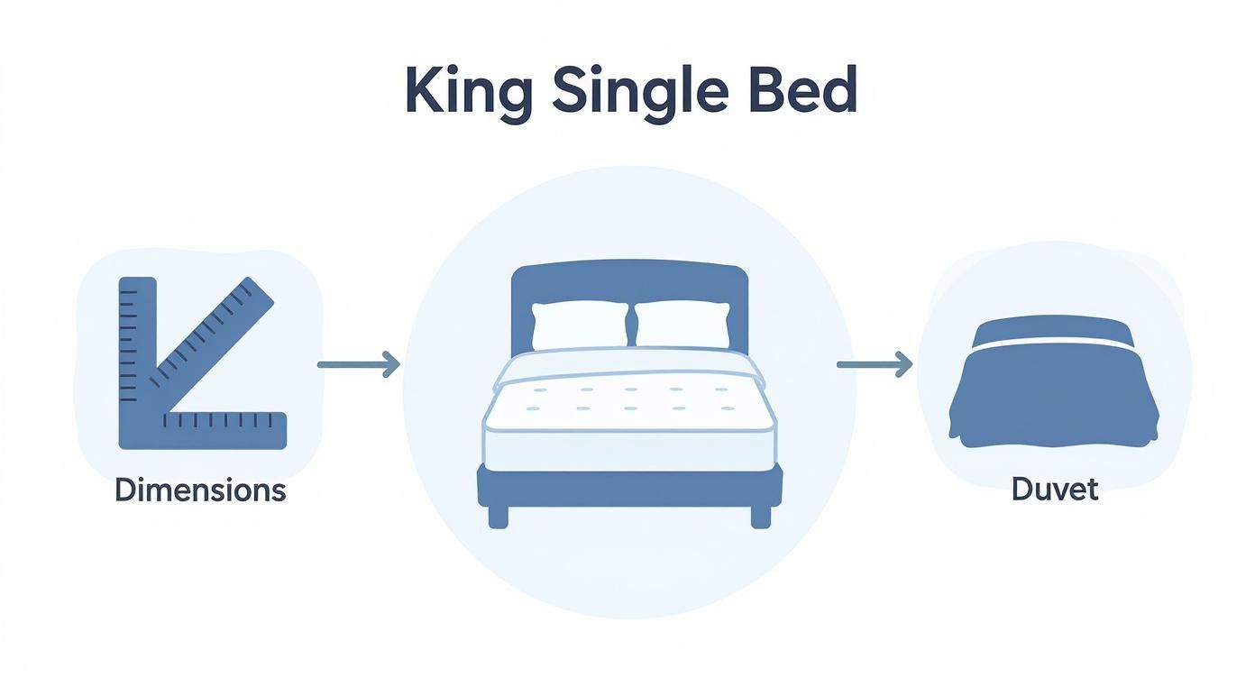 An illustration showing the process of determining duvet size for a King Single bed, starting with dimensions.