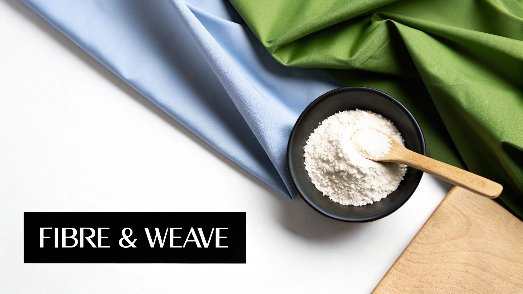 Text 'FIBRE & WEAVE' on an image featuring blue and green fabrics, white powder, and a wooden spoon.