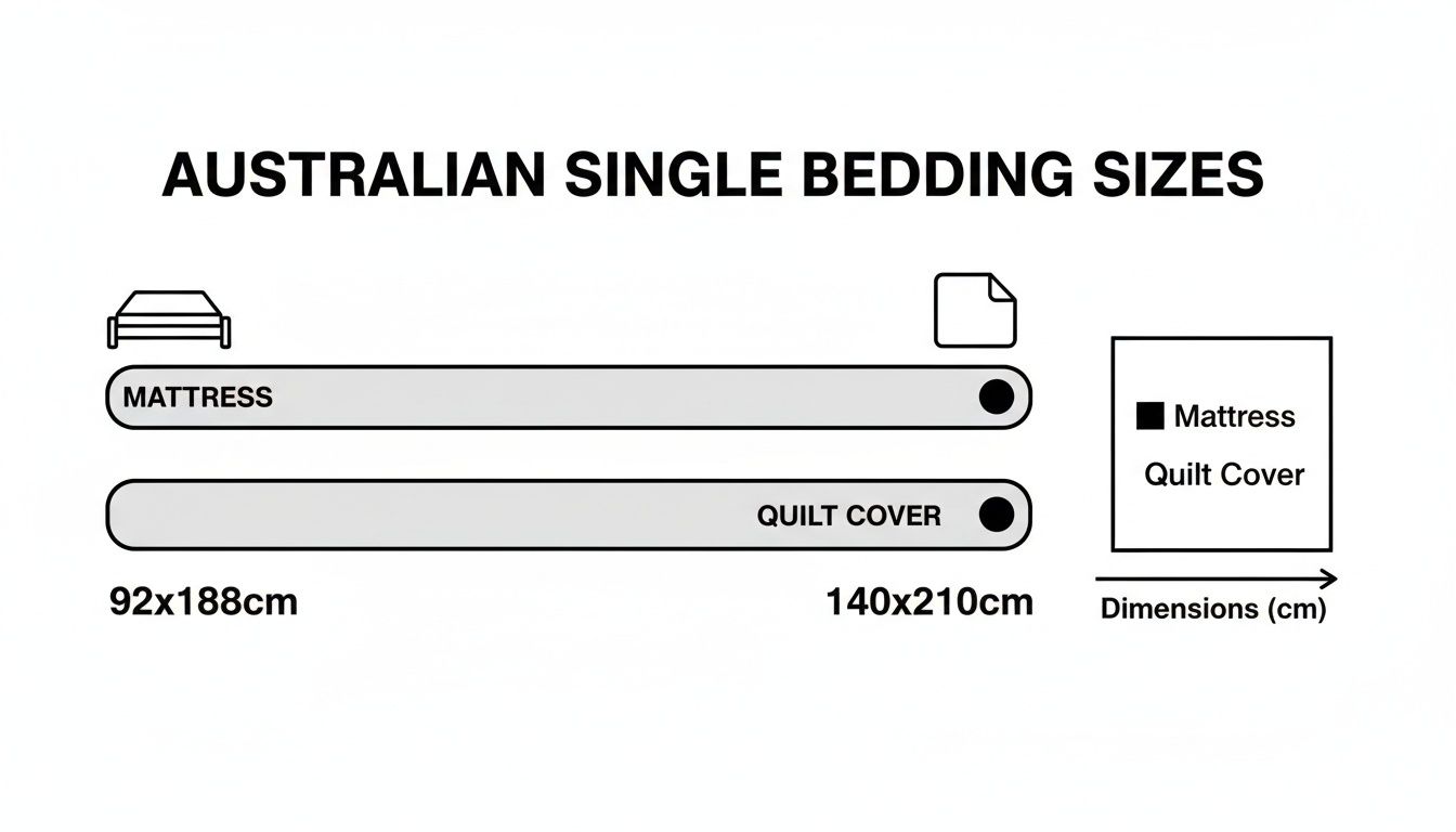 An infographic detailing Australian single bedding sizes for mattresses and quilt covers in centimeters.