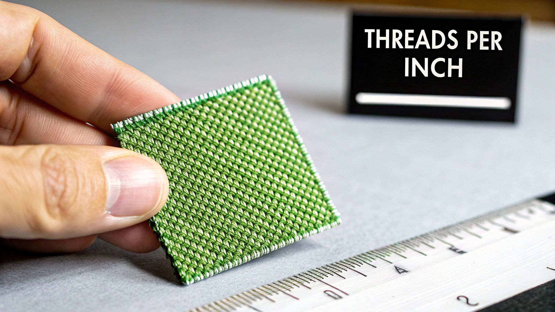 A hand holds a square green mesh fabric, with a ruler and 'THREADS PER INCH' sign in the background.