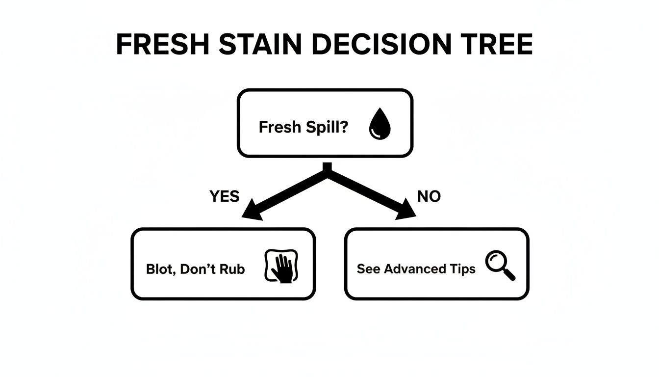 A decision tree flowchart for fresh spills, advising users to blot and not rub.