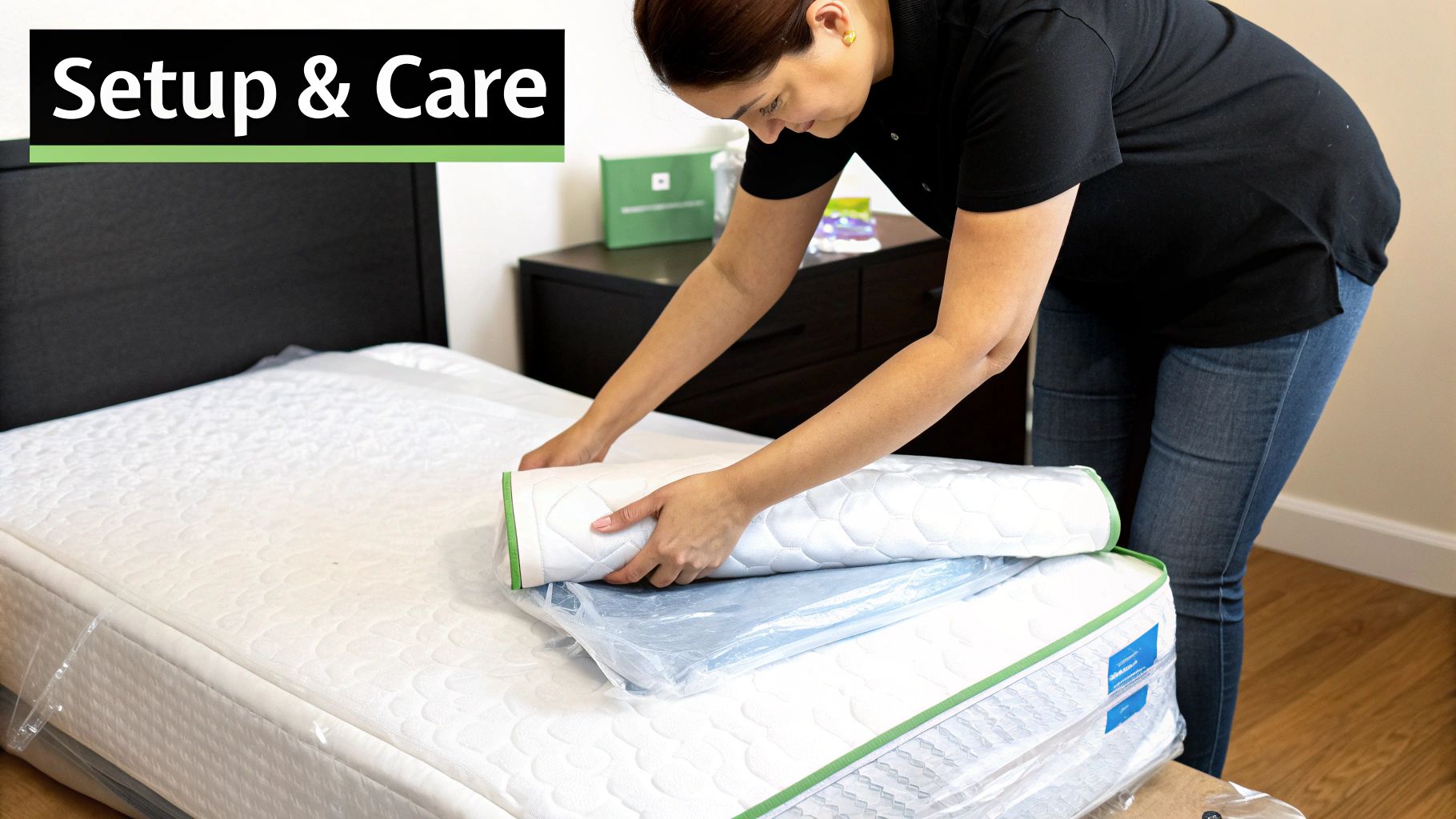 Woman placing a new mattress topper on her bed