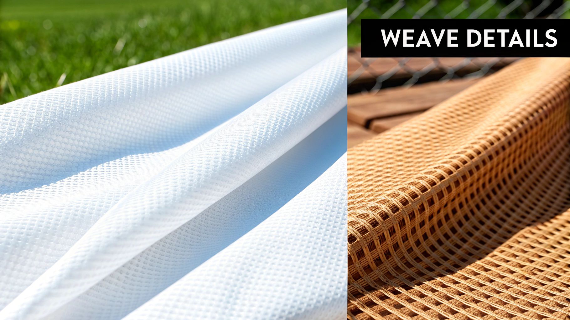 Close-up of two distinct fabric weaves: a soft white textured material and a tan open square mesh, showcasing weave details.