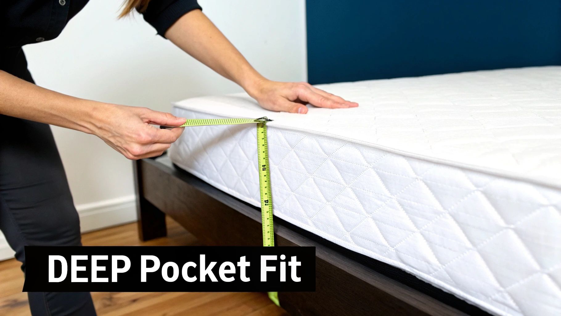 A person measures the depth of a white quilted mattress with a bright green tape measure.