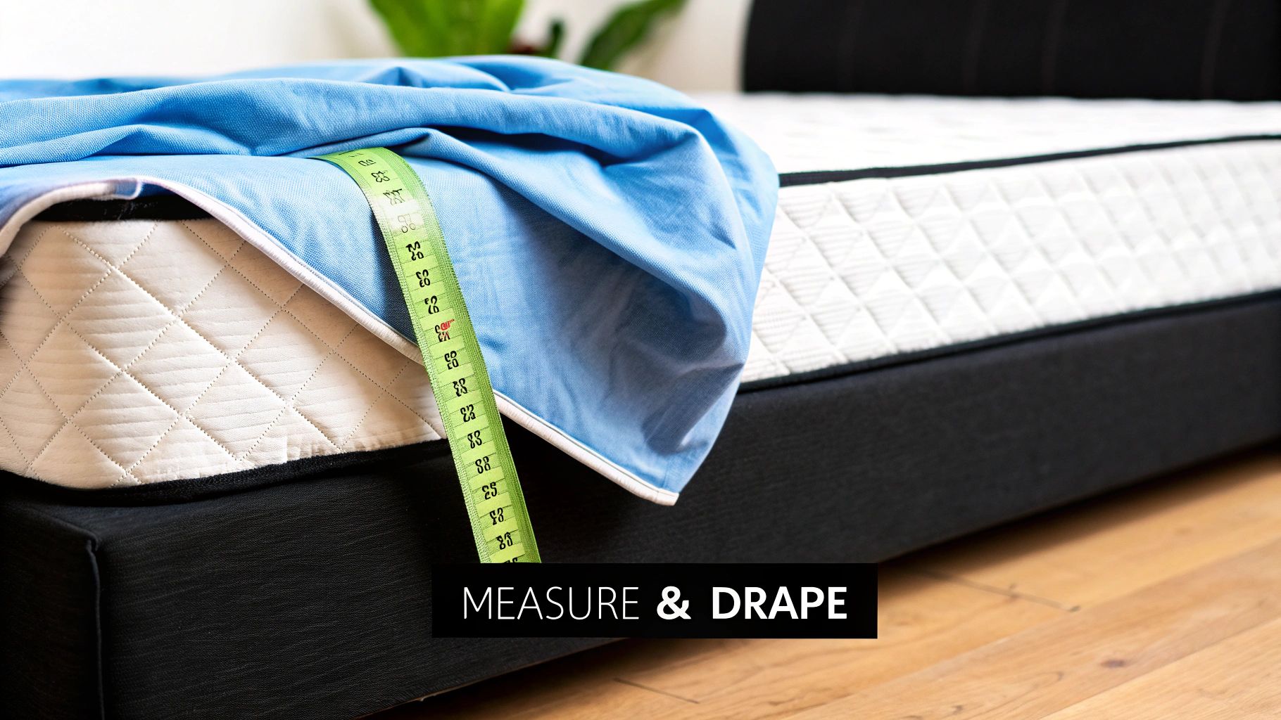 A mattress on a black bed frame with a blue blanket and green measuring tape draped over it.