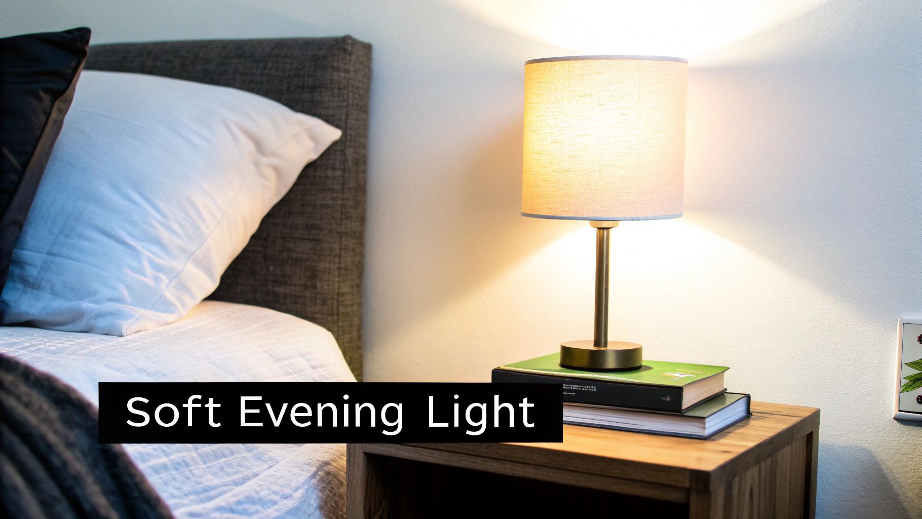 Warm bedside table lamp with white shade creating soft evening lighting next to bed