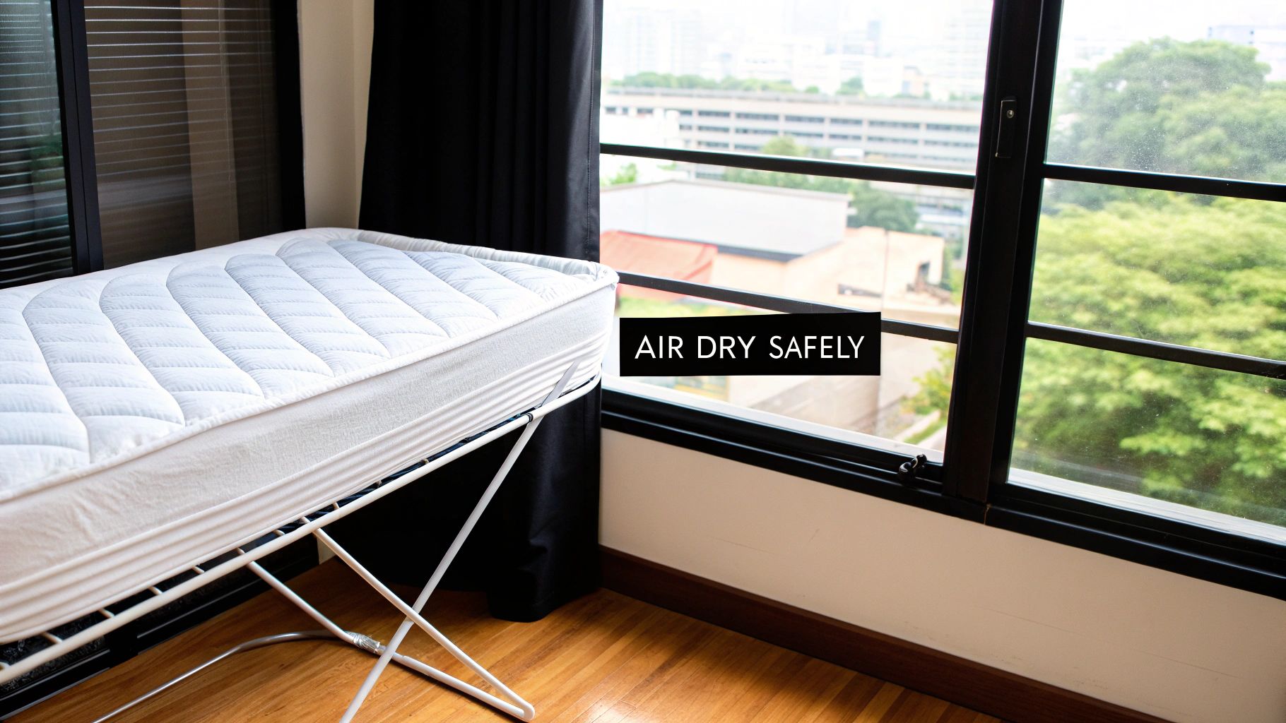 A white mattress protector hanging on an outdoor clothesline on a sunny day.