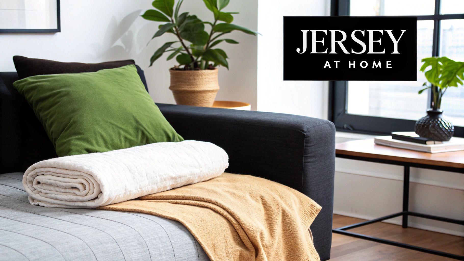 A cozy bedroom scene with a bed dressed in soft, inviting cotton jersey sheets and a doona cover.